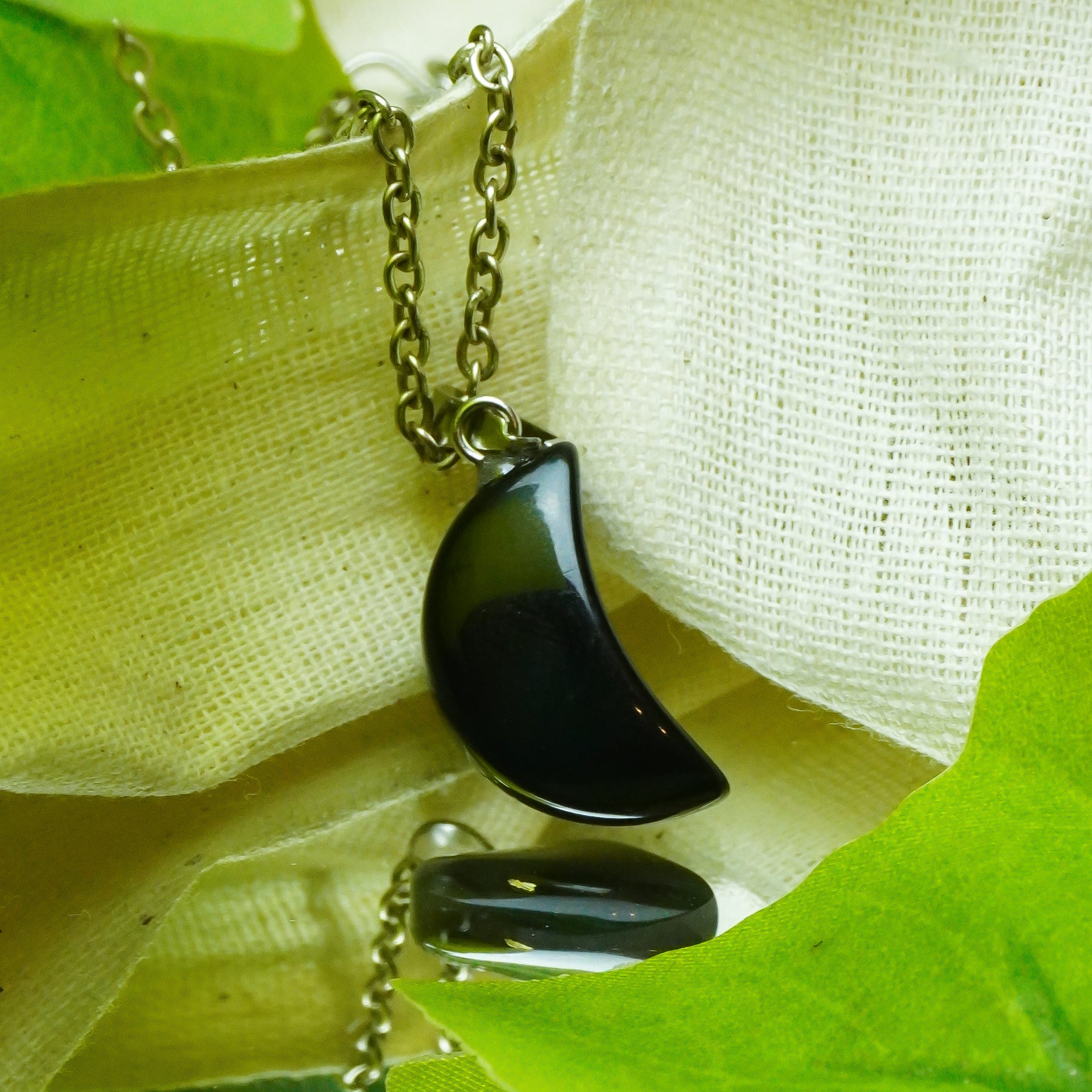 Real Black Obsidian Crystal Half Moon Pendant