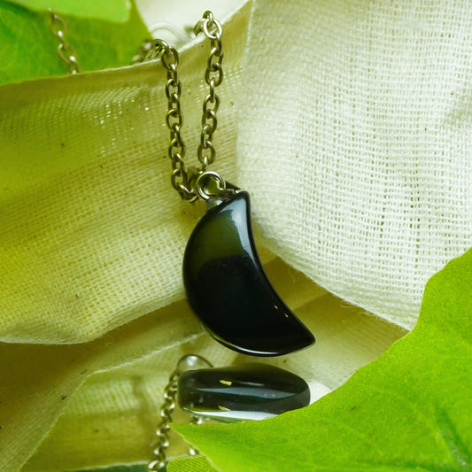 Real Black Obsidian Crystal Half Moon Pendant