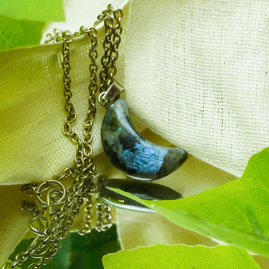 Real Labradorite Crystal Half Moon Pendant
