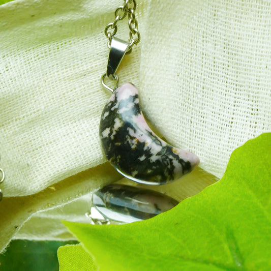 Real Rhodonite Crystal Half Moon Pendant